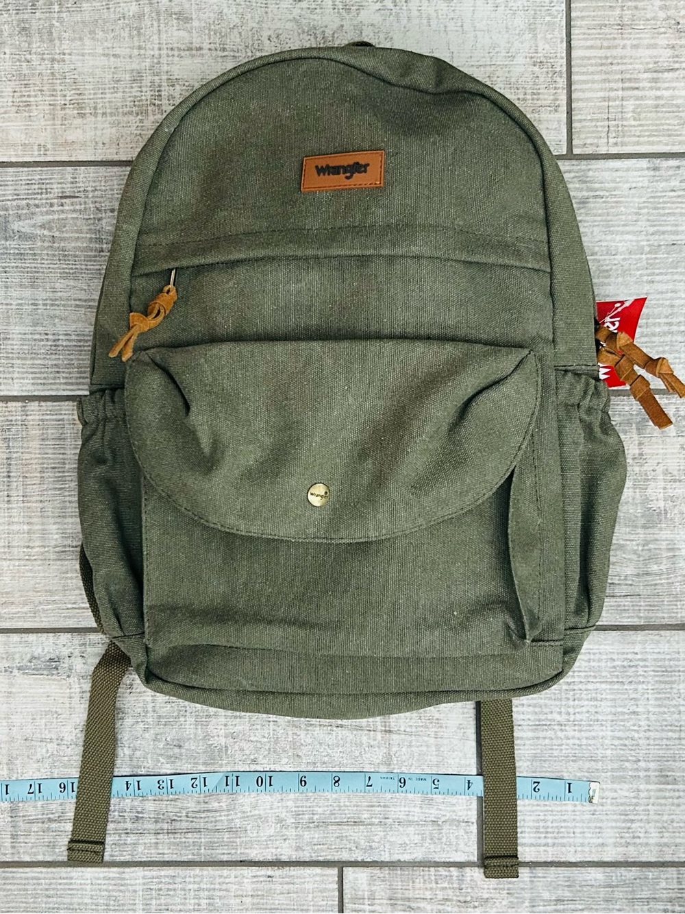 17” Wrangler Olive Washed Canvas Laptop Backpack w/ Brown Accents NWT - Picture 14 of 15
